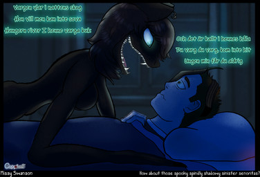 anthro bed bedding black_body black_fur black_hair blanket breasts claws dialogue duo female female_anthro fur furniture green_eyes hair incantation long_claws magic male male/female male_human pupils sharp_teeth slit_pupils smile smiling_at_another teeth text tongue cosmonaut missy_(napalm_express) human mammal wolficus hi_res signature story story_in_description swedish_text