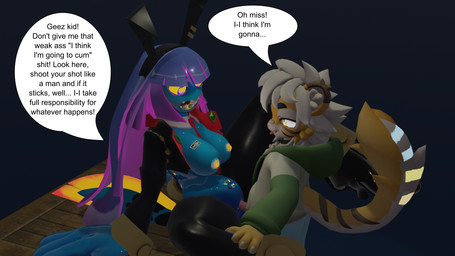 age_difference anthro bioluminescence bottomless clothed clothing costume duo female glowing heart_eyes heart_symbol hoodie hoodie_only male male/female older_female reverse_bunny_costume sharp_teeth size_difference spread_legs spreading teeth text tongue tongue_out topwear topwear_only yellow_sclera young young_male younger_male bigfatmamarat amphibian felid mammal newt pantherine salamander tiger 16:9 english_text hi_res widescreen