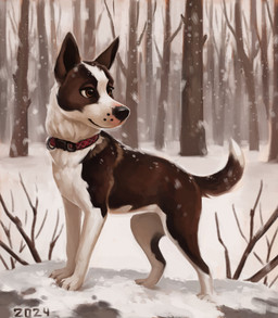 black_nose brown_body brown_eyes brown_fur collar feral forest fur multicolored_body multicolored_fur plant quadruped snow solo standing tree two_tone_body two_tone_fur white_body white_fur alexpahomov canid canine canis domestic_dog mammal 2024 digital_media_(artwork) digital_painting_(artwork) hi_res painting_(artwork)
