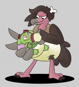 3_fingers 3_toes 4_toes ambiguous_gender anthro baby_bottle beak big_diaper blush bodily_fluids bottle brown_body brown_feathers brown_talons carrying_another claws clothed clothing container diaper diaper_only drinking duo ears_down eye_contact eyelashes eyewear eyewear_on_head feather_hair feathers feet feral finger_claws fingers genital_fluids goggles goggles_on_head green_body green_spots grey_background grey_beak grey_body grey_feathers holding_bottle holding_container holding_object looking_at_another looking_down looking_down_at_partner looking_up looking_up_at_another looking_up_at_partner markings multicolored_body narrowed_eyes pink_body pivoted_ears pseudo_hair simple_background spots spotted_body standing talons toe_claws toes topless unclean_diaper urine used_diaper using_diaper wearing_diaper wet_diaper wetting wetting_diaper white_claws white_finger_claws white_toe_claws mrvonfuzzlebutt nintendo pokemon carrie_(screweverything) fan_character shochu_(gao) bulbasaur generation_1_pokemon generation_5_pokemon mandibuzz pokemon_(species) hi_res