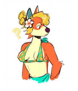 accessory anthro aqua_bikini aqua_swimsuit blonde_hair breasts cheek_tuft clothing facial_tuft female flower flower_in_hair fluffy food_print fruit_print fur hair hair_accessory implied_public_indecency looking_away nipple_slip nipples pineapple_print plant plant_print question_mark simple_background solo suggestive tuft wardrobe_malfunction white_background peachy_bat animal_crossing nintendo audie_(animal_crossing) canid canine fox mammal 2021 guide_lines