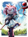 absurd_res amy_rose anthro clothing cloud cosplay crossover crossover_cosplay day eulipotyphlan female footwear frieren frieren_beyond_journey's_end gloves grass handwear hedgehog hi_res light light_beam mammal plant sega signature simg0125 solo sonic_the_hedgehog_(series) sun sunbeam sunlight