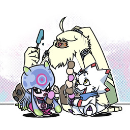 ambiguous_gender anthro chibi dessert eating food fur group hair hair_over_eyes horn ice_cream popsicle tentacles trio white_body yellow_body yellow_fur after_clark bandai_namco digimon digimon_ghost_game angoramon digimon_(species) gammamon jellymon 1:1 hi_res