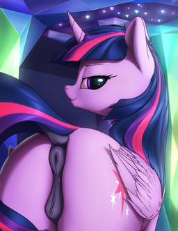anatomically_correct anatomically_correct_anus anatomically_correct_genitalia anatomically_correct_vulva animal_genitalia animal_vulva anus big_anus big_butt bodily_fluids butt butt_focus crystal cutie_mark dark_anus darkened_anus darkened_genitalia darkened_vulva detailed_anus dock_(anatomy) ears_up equine_anus equine_genitalia equine_vulva eyebrows eyelashes feathered_wings feathers female female_feral feral folded_wings genitals glowing glowing_crystal hair half-closed_eyes horn inside looking_at_viewer looking_back looking_back_at_viewer mane mane_hair multicolored_hair multicolored_mane multicolored_tail narrowed_eyes puffy_anus purple_body purple_eyes purple_feathers quadruped rear_view smile solo tail vulva wings shydale friendship_is_magic hasbro my_little_pony mythology twilight_sparkle_(mlp) equid equine horse mammal mythological_creature mythological_equine pony winged_unicorn 2016 digital_media_(artwork) hi_res