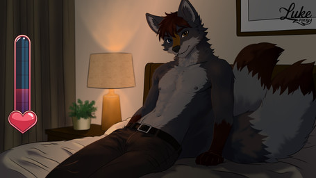 anthro blue_eyes dating_sim heterochromia looking_at_viewer low_light male orange_eyes smile solo lukefoxxy lukefoxxy_(character) canid canine fox mammal 16:9 4k absurd_res hi_res widescreen