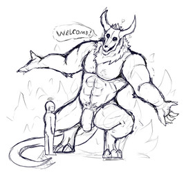 balls biceps big_muscles black_eyes bone dialogue duo eyes_closed faceless fingers fire flaccid foreskin genitals hair halo heart_symbol hell horn huge_muscles humanoid_genitalia humanoid_penis long_tail male muscular muscular_male nude open_mouth penis pubes simple_background skull tail text unknown_artist demon human mammal english_text hi_res monochrome sketch