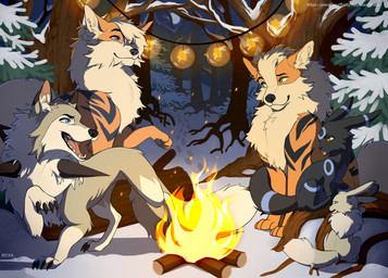 ambiguous_gender black_body black_claws black_fur black_markings blue_eyes blue_markings brown_body brown_fur campfire claws ear_tuft eyes_closed feral fire fur green_eyes group inner_ear_fluff large_group lights log markings open_mouth orange_body orange_eyes orange_fur outside plant sitting snow spikes standing tan_body tan_fur tree tuft white_body white_fur wood conditional_dnp riska_(artist) nintendo pokemon arcanine canid canine eevee eeveelution generation_1_pokemon generation_2_pokemon generation_7_pokemon lycanroc mammal midday_lycanroc pokemon_(species) shiny_pokemon umbreon absurd_res hi_res signature
