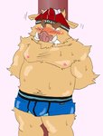 anthro belly blush bodily_fluids brown_body brown_fur bulge clothing fur kemono male moobs nipples overweight overweight_anthro overweight_male solo sweat underwear ryuta-h mammal suid suine sus_(pig) wild_boar 2009