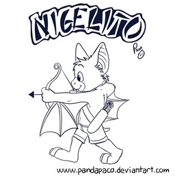 anthro arrow_(weapon) big_ears bottomwear bow_(weapon) cheek_tuft closed_smile clothed clothing facial_tuft fangs head_tuft holding_arrow holding_bow_(weapon) holding_object holding_ranged_weapon holding_weapon logo male male_anthro membrane_(anatomy) membranous_wings mouth_closed quiver_(object) ranged_weapon shorts side_view simple_background smile solo standing teeth text topless tuft weapon wings young young_anthro young_male pandapaco bat mammal artist_logo monochrome signature sketch url