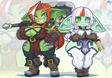 armor axe big_breasts boots bottom_heavy breasts cleavage clothed clothing curvy_figure duo ear_piercing female footwear gloves green_body hair hand_on_hip handwear healer heterochromia huge_breasts huge_hips huge_thighs legwear markings melee_weapon nipple_outline orange_hair piercing pink_hair sharp_teeth shoes shortstack skimpy small_breasts smile teeth thick_thighs thigh_highs voluptuous warrior weapon wide_hips krokobyaka sabrith_ebonclaw tayelle_ebonclaw goblin humanoid mammal 2025