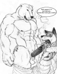 abs anthro circumcised circumcision_scar duo erection genital_scar genitals licking male male/male male_penetrated male_penetrating male_penetrating_male muscular oral pecs penetration penile penis penis_lick scar sex text tongue tongue_out sudonym arctic_wolf bear canid canine canis mammal polar_bear ursine wolf english_text monochrome