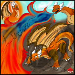 baring_fangs black_border blue_fire border breath_powers brown_arms butt claws cloud cloudy_sky colored_fire cracked_ground elemental_manipulation female feral fire fire_breathing fire_manipulation freckled_arms freckled_butt freckled_tail freckles glaring_at_viewer green_eyes logo multicolored_body multicolored_scales muscular muscular_female orange_body orange_scales pupils scales sharp_teeth sky slit_pupils solo tail teeth wings sinisterslyfox mythology dragon mythological_creature mythological_scalie scalie 1:1 absurd_res digital_drawing_(artwork) digital_media_(artwork) hi_res