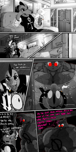 abs anthro biceps big_breasts big_muscles bodily_fluids breasts cigarette clothed clothing dialogue duo female fur hair huge_muscles hyper hyper_muscles muscular muscular_anthro muscular_female open_mouth profanity red_eyes size_difference text tight_clothing topwear torn_clothing mama_mj_(artist) night_in_the_woods bea_santello mae_borowski alligator alligatorid crocodile crocodilian domestic_cat felid feline felis mammal reptile scalie absurd_res comic digital_media_(artwork) english_text hi_res