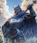 anthro armor biped blue_cloak blue_clothing breastplate cloak clothing cloud cuisse detailed_background facial_scar fur gauntlets gloves grey_body grey_fur hand_on_hip handwear holding_melee_weapon holding_object holding_sword holding_weapon looking_at_viewer looking_down looking_down_at_viewer male melee_weapon outside purple_eyes scar solo sword tassets weapon etrosamu elden_ring fromsoftware blaidd_(elden_ring) canid canine canis mammal wolf 2023 digital_media_(artwork) hi_res