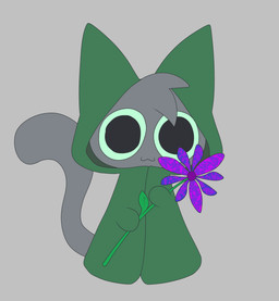 :3 cloak clothed clothing flower green_cloak green_clothing green_sclera grey_background grey_body holding_flower holding_object holidays looking_at_viewer male plant silly simple_background solo tail gooblie_2 valentine's_day isaac_(gooblie_ii) domestic_cat felid feline felis mammal absurd_res hi_res