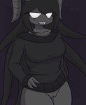 big_breasts black_clothing black_hair black_sweater black_topwear bottomless breasts clothed clothing demon demon_humanoid empty_eyes eyelashes female genitals grey_horn hair hand_on_hip horn horned_humanoid humanoid lewdnewt long_hair looking_at_viewer purple_background pussy sharp_teeth simple_background siren_(tboi) solo sweater teeth the_binding_of_isaac_(series) the_siren thick_thighs topwear white_eyes wide_hips