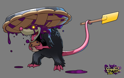 3_toes 4_fingers anthro bent_arm black_body black_fur empty_eyes featureless_crotch feet fingers food food_on_face food_on_head fur glowing glowing_eyes holding_food holding_muffin holding_object holding_spoon_spatula hunched_over kitchen_spatula kitchen_utensils light male male_anthro mostly_nude_anthro mostly_nude_male muffin multicolored_body open_mouth open_smile pastry pie pie_on_head pink_feet pink_nose pink_tail pink_tongue sharp_teeth smile solo spatula spoon_spatula tail tail_holding_object tan_face teeth text toes tongue tools yellow_sclera inkarat_mittongtare grimmlins_tale grimmlin mammal marsupial possplum 2022 absurd_res clip_studio_paint_(artwork) colored digital_drawing_(artwork) digital_media_(artwork) english_description english_text full-length_portrait hi_res lighting official_art portrait shaded