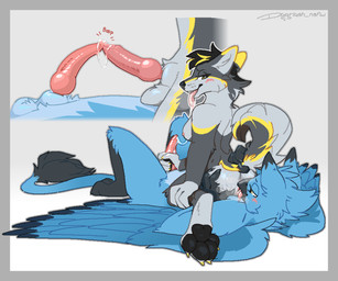 anal animal_genitalia animal_penis anthro anus balls black_hair black_pawpads blonde_highlights blue_body blue_feathers blush bodily_fluids border breasts butt butt_grab canine_genitalia canine_penis claws drooling duo erection facesitting feathered_wings feathers feet finger_claws fur genital_fluids genitals grey_background grey_body grey_border grey_fur gynomorph gynomorph/male gynomorph_anthro gynomorph_on_top hair half-closed_eyes hand_on_butt highlights_(coloring) hindpaw intersex intersex/male intersex_anthro intersex_on_top knot knotted_penis looking_at_another looking_back looking_back_at_another looking_down looking_down_at_another lying male male_anthro male_on_bottom narrowed_eyes nipples nude on_back on_bottom on_top oral pawpads paws penis pink_anus pink_blush pink_nipples pink_penis pink_tongue precum precum_string rimming saliva sex short_hair simple_background sitting_on_another tail tail_grab tail_tuft toe_claws tongue tongue_out touching_tips tuft whisker_spots wings yellow_body yellow_claws yellow_fur dyyrlysh mythology korthi avian canid canine canis domestic_dog gryphon husky mammal mythological_avian mythological_creature nordic_sled_dog spitz 2025 aliasing aseprite_(artwork) cel_shading digital_drawing_(artwork) digital_media_(artwork) hi_res shaded
