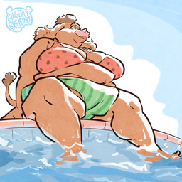 anthro bikini breasts clothed clothing duo fat_folds female obese obese_anthro obese_female overweight overweight_anthro overweight_female pool sitting swimwear two-piece_swimsuit gingerlybreadart janelle_(gingerlybreadart) bovid bovine cattle highland_cattle mammal 1:1 2025 hi_res