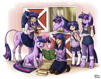 age_difference all_fours alternate_species anthro anthrofied barn book butt clothed clothing cutie_mark eyewear female feral feralized fur glasses group hair hooves horn humanized inside kneeling legwear long_hair magic multicolored_hair open_mouth outside purple_body purple_eyes purple_fur purple_hair purple_skin scroll semi-anthro size_difference smile square_crossover standing stockings thigh_highs two_tone_hair unguligrade king-kakapo equestria_girls european_mythology friendship_is_magic greek_mythology hasbro my_little_pony mythology twilight_sparkle_(eg) twilight_sparkle_(mlp) centaur equid equid_taur equine human humanoid humanoid_taur mammal mammal_taur mythological_creature mythological_equine taur unicorn 2014