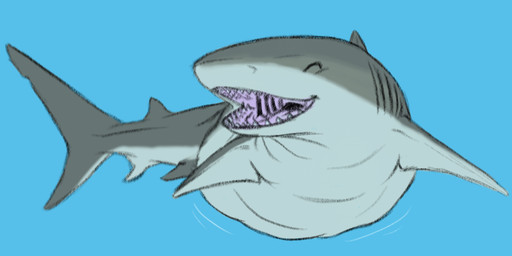 after_vore ambiguous_gender belly blue_background eyes_closed feral feral_pred gills grey_body grey_tail happy shark_tail shark_teeth simple_background tail underwater vore water katzenoms fish marine shark hi_res