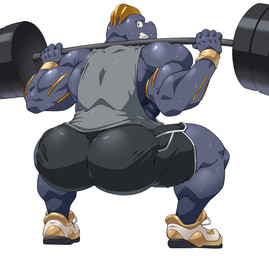 anthro barbell big_butt bodily_fluids bottomwear butt clothing crouching exercise footwear male muscular muscular_anthro muscular_male shirt shoes shorts simple_background solo sweat tank_top topwear weightlifting white_background workout maldu nintendo pokemon ryuji_kaiyo generation_1_pokemon machoke pokemon_(species) hi_res