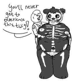 anthro belly_grab big_breasts bone breasts duo female head_tuft male male/female nude overweight pubes size_difference skeleton skull speech_bubble tattoo text thick_thighs tuft warprat epic_games fortnite jonesy_(fortnite) skull_squad_leader bear human mammal english_text low_res monochrome