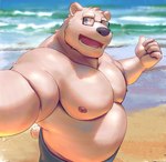 5_fingers anthro beach belly black_nose blue_eyes bottomwear clothing fingers fur humanoid_hands kemono male moobs nipples open_mouth open_smile outside overweight overweight_male seaside shorts smile solo teeth water white_body white_fur episode0006 bear mammal polar_bear ursine 2021 absurd_res hi_res