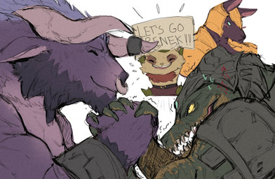 2_horns anthro armor biped facial_piercing group horn male muscular muscular_anthro muscular_male nose_piercing nose_ring piercing ring_piercing text na1su european_mythology greek_mythology league_of_legends mythology riot_games tencent alistar_(lol) nasus_(lol) renekton teemo_(lol) ascended bovid bovine canid crocodile crocodilian mammal minotaur reptile scalie yordle english_text hi_res brother_(lore) brothers_(lore) sibling_(lore)