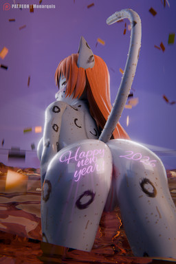 anthro anus butt female genitals holidays nude nude_female solo vulva wet wet_body monarquis new_year momo_(monarquis) felid mammal pantherine snow_leopard 2:3 3d_(artwork) absurd_res digital_media_(artwork) hi_res