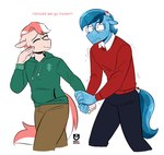 anthro blue_body blue_fur blue_hair blue_tail clothing duo eyewear fur glasses hair hand_holding hoodie male nervous sign_language sweater tail topwear redxbacon friendship_is_magic hasbro my_little_pony coral_reef_(oc) historia crystal_pony_(mlp) earth_pony equid equine horse mammal pony