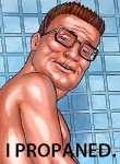 bedroom_eyes brown_hair creepy eyewear glasses hair half-closed_eyes human_only humor looking_at_viewer male narrowed_eyes not_furry nude open_mouth seductive short_hair smile solo teeth text tile tile_wall wall_(structure) what unknown_artist i_came king_of_the_hill hank_hill human mammal english_text grandfathered_content low_res meme