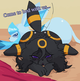 big_butt black_body black_ears black_fur black_hair black_nose black_tail blue_body blue_ears blue_eyes blue_fur blue_hair blue_inner_ear blue_nose blue_sclera blush blush_lines butt duo eyebrows eyelashes female feral fur hair long_hair looking_at_viewer lying markings messy_hair on_front purple_eyes purple_sclera quadruped spread_legs spreading tail talking_to_viewer text thick_thighs wide_hips commonbleat nintendo pokemon canid eeveelution generation_2_pokemon generation_4_pokemon glaceon mammal pokemon_(species) umbreon english_text