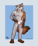 abs anthro blue_eyes brown_body brown_fur bulge clothing fur kigurumi looking_at_viewer male onesie orange_body orange_fur solo underwear white_body white_fur juanatoq scott_(scottthefox94) canid canine fox mammal hi_res