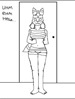 anthro black_bars blush bodily_fluids dialogue door female nervous nervous_look solo sweat xerg-7 nintendo pokemon kata_(xerg-7) eeveelution generation_2_pokemon pokemon_(species) umbreon black_and_white comic letterbox monochrome