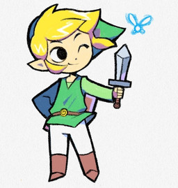 blonde_hair boots clothing duo footwear hair holding_melee_weapon holding_object holding_sword holding_weapon humanoid_pointy_ears light_body light_skin male melee_weapon not_furry one_eye_closed pointy_ears shoes simple_background smile sword weapon wings wink denaseey nintendo the_legend_of_zelda wind_waker toon_link elf fairy humanoid hylian