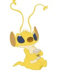 ambiguous_gender antennae_(anatomy) anthro biped blue_eyes brown_inner_ear brown_nose coffee_cup container cup forked_antennae fur head_tuft holding_container holding_cup holding_object long_antennae simple_background solo tuft white_background yellow_body yellow_fur doverstar disney lilo_and_stitch sparky_(lilo_and_stitch) alien experiment_(lilo_and_stitch) 2023 absurd_res colored_sketch digital_drawing_(artwork) digital_media_(artwork) hi_res sketch