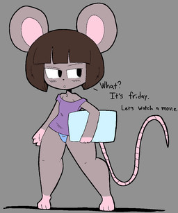 anthro barefoot black_eyes blush blush_lines breasts brown_hair clothed clothing dialogue feet female flat_chested grey_background grey_body hair panties panty_shot pillow shirt simple_background small_breasts solo tail text thick_thighs topwear underwear wide_hips usagibun1 ida_(usagibun1) mammal mouse murid murine rodent 2024 digital_media_(artwork) english_text