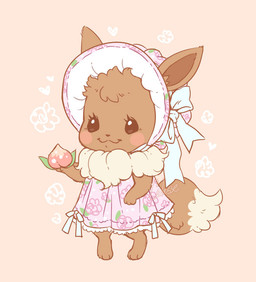alternative_fashion anthro bonnet classic_lolita clothed clothing crossdressing dress food fruit fur headgear headwear j-fashion lolita_(fashion) male multicolored_body multicolored_fur peach_(fruit) pink_clothing pink_dress plant smile solo standing two_tone_body two_tone_fur samantha_whitten nintendo pokemon eevee generation_1_pokemon pokemon_(species) 2024