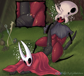 alternate_form anthro arthropod_abdomen blush blushing_profusely bodily_fluids clitoral clitoris cloak close-up clothing dark_body dominant dominant_female drooling duo exoskeleton female female/female fist genital_fluids genitals grey_cloak grey_clothing heart_symbol hornet's_needle leg_on_shoulder lifting_partner lying moan red_body red_cloak red_clothing saliva sex shaded_background shaking shivering skull_helmet slim small_waist thick_thighs thin_thighs tribadism vaginal vaginal_fluids vulva mightywheelchair hollow_knight:_silksong hollow_knight_(franchise) team_cherry hornet_(hollow_knight) ant arthropod hymenopteran insect skarr skarr_stalker absurd_res hi_res shaded