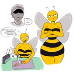 2023 antennae_(anatomy) anthro arthropod beard bee big_breasts black_stripes breasts carrot clothing cooking duo electronics english_text facial_hair female food hat headgear headwear hi_res human hymenopteran insect it's_hip_to_fuck_bees lena_the_bee male mammal oleina plant radio russian_cooking_oil_commercial russian_text smile stripes text thedarkzircon thick_thighs vegetable vinesauce vinny_(vinesauce) wings yellow_body