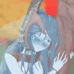 anthro blue_body blue_hair blush blush_lines breasts doll duo female fur hair interspecies male male/female one_eye_closed scar smile zackthedraq elden_ring fromsoftware blaidd_(elden_ring) ranni_the_witch animate_inanimate canid canine canis human living_doll mammal wolf 1:1 2022 digital_media_(artwork) hi_res pseudo_incest_(lore)