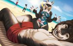 anthro beach clothed clothing duo female fur group humor looking_at_viewer male male/female muscular one-piece_swimsuit selfie silly sky smile summer swimmer swimming_trunks swimwear vacation water conditional_dnp olexafox canid canine felid fox mammal pantherine tiger absurd_res digital_media_(artwork) hi_res