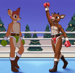 anthro antlers belt blue_sky boots bottomwear boxing boxing_gloves brown_body brown_fur clothing costume duo evergreen_tree fighting_ring footwear fur fur_lined_clothing glowing glowing_nose handwear horn male pine_tree plant raised_arm santa_costume shoes sky snow solo sport tree dcheese bambi_(film) disney rudolph_the_red-nosed_reindeer_(tv_special) bambi rudolph_the_red-nosed_reindeer deer mammal new_world_deer reindeer absurd_res digital_media_(artwork) hi_res