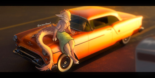 anthro car detailed_background female fur grey_body grey_fur grey_scales scales sitting_on_car solo vehicle yellow_eyes wirecutter kobold scalie absurd_res hi_res