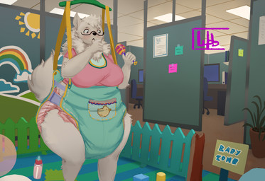 5_fingers ageplay anthro baby_bottle baby_bouncer bib big_diaper black_eyewear black_glasses block blush blush_lines breasts ceiling ceiling_tiles chair clean_diaper clothed clothing computer_monitor cubicle detailed_background diaper eyewear female finger_in_mouth fingers fur furniture glasses holding_object holding_rattle logo office office_chair pink_clothing pink_diaper pink_shirt pink_topwear plant plant_pot playpen post-it_note potted_plant rattle roleplay shirt solo suspension tail tape text text_on_sign three-quarter_view thumb_in_mouth topwear wearing_diaper wearing_glasses white_body white_ears white_fur white_tail wob mommadog_(vincent-silverpaw) canid canine canis domestic_dog mammal nordic_sled_dog samoyed spitz 2025 absurd_res artist_logo english_text hi_res portrait three-quarter_portrait