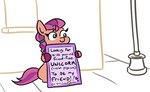 emoji female feral fetlocks fur hair heart_after_text heart_on_sign heart_symbol holding_object holding_sign hooves humor number pink_hair pink_tail placard purple_hair purple_tail sign sitting smile solo street_lamp tail text text_with_heart jargon_scott hasbro mlp_g5 my_little_pony sunny_starscout_(mlp) earth_pony equid equine horse mammal pony 2021 digital_media_(artwork) english_text