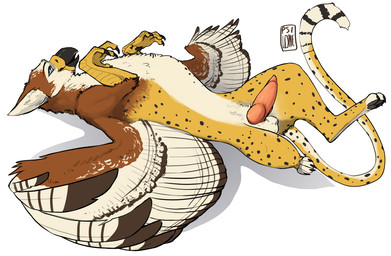 beak black_body black_fur blue_eyes brown_body brown_feathers erection feathered_wings feathers feral fur genitals knot knotted_penis looking_at_viewer lying male markings on_back open_mouth pawpads penis pink_penis simple_background smile solo spots spotted_body spotted_fur white_background white_body white_feathers white_fur wings yellow_body yellow_fur i-psilone mythology fynath avian gryphon mythological_avian mythological_creature 2018