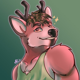 anthro antlers black_antlers black_eyebrows black_nose brown_body brown_eyes brown_fur brown_hair chest_tuft clothed clothing eyebrows fur green_background hair happy horn male multicolored_body multicolored_fur shirt simple_background solo topwear tuft shon_arts deer mammal 1:1 hi_res portrait shaded