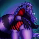 anthro big_butt butt claws clothing female fur hair long_hair looking_at_viewer panties presenting simple_background slightly_chubby solo thick_thighs underwear lotusaur lotus_orsetto mammal procyonid raccoon 1:1 digital_media_(artwork) hi_res